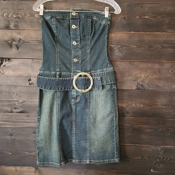 Vintage Y2K Baby Phat Denim Strapless Tube Blue Dress Cat Logo Size 1 Stretchy - Picture 5 of 12
